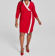 Kasper Womens Red Surplice V-Neck Long-Sleeve Dress Plus Size 2X