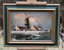 Rolf Faber – Winter Landscape With Windmill – Oil On Canvas, Signed