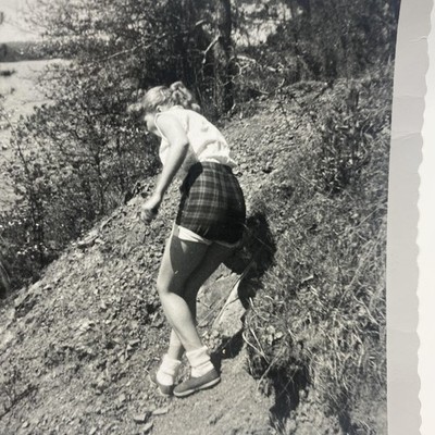 Vtg APR 1955 Woman Hiking Slope Snapshot Photo B&W Jack Rabbit Co Velox