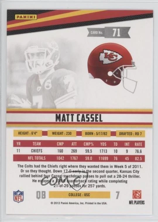 2012 Panini Rookies & Stars Matt Cassel #71 - Image 2 of 2