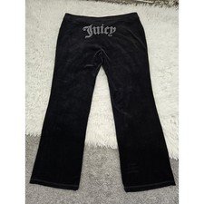 Juicy Couture OG Y2K Big Bling Licorice Black Velour Wide Leg Track Pants. Size