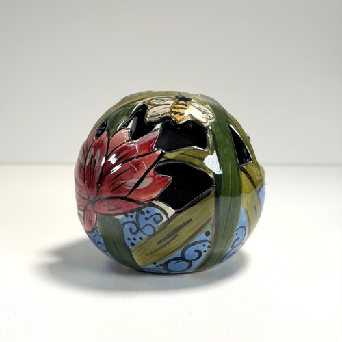 Handmade Ceramic Tea Light Dome Floral Honey Bee Nature Hand Painted 2"