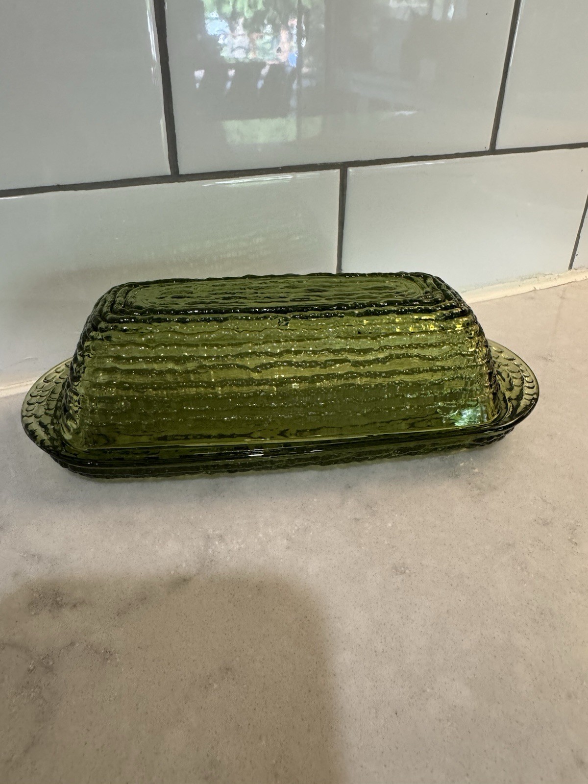 Vintage 1960s Anchor Hocking Soreno Avocado Green Butter Dish 7.5 Inches Wide