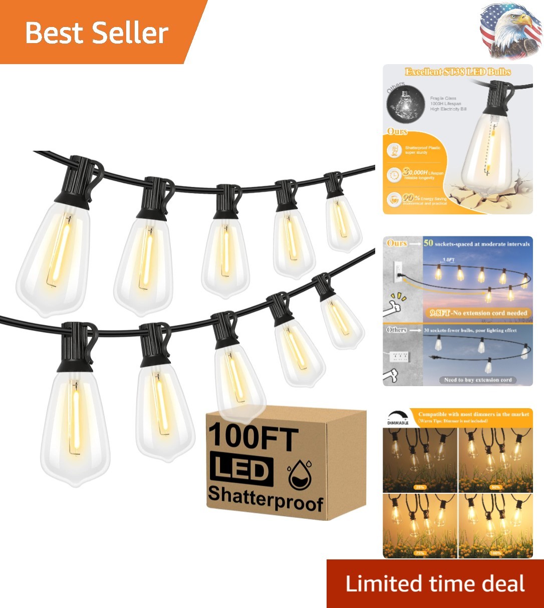 100FT Outdoor LED String Lights with 52 Dimmable Shatterproof Edison Bulbs
