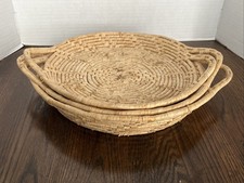 Set Of 3 Nesting Wicker Baskets Round Tray Semi Flat with Handles