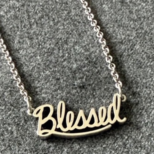 Blessed Script Silver Tone Pendant Necklace Cable Chain Inspirational Metal