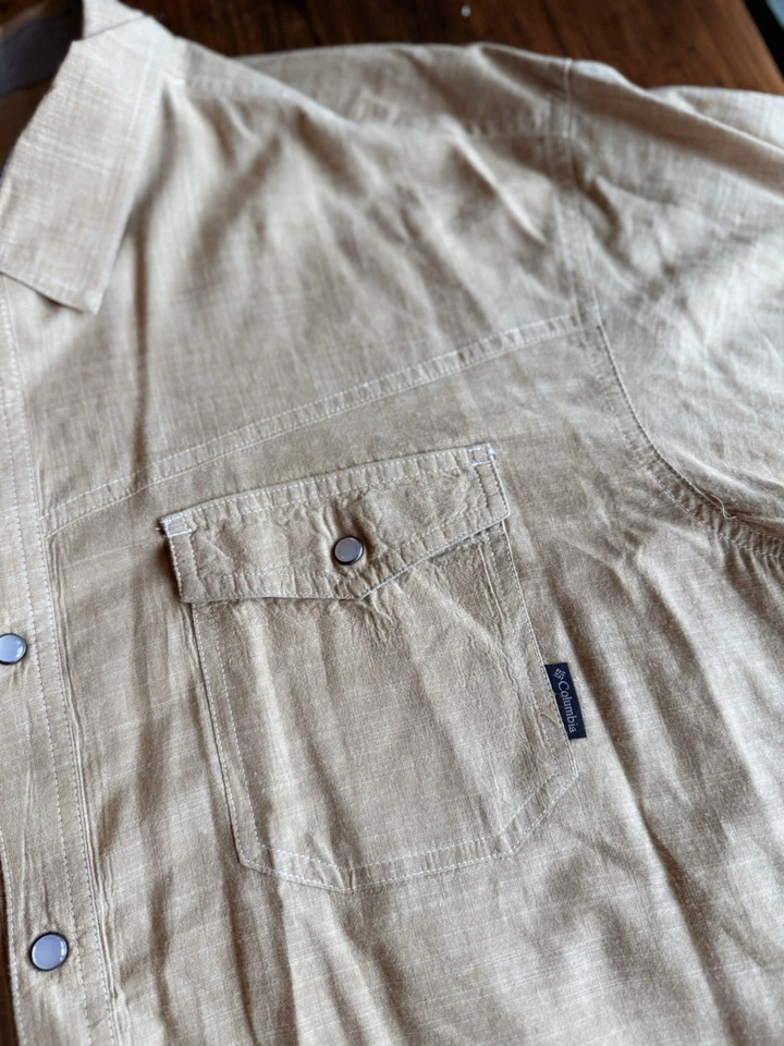 Columbia Hombres Cambray Perla Camisa Abotonada Talla 2XL Marrón Bolsillo Algodón Informal Foto 3 de 4