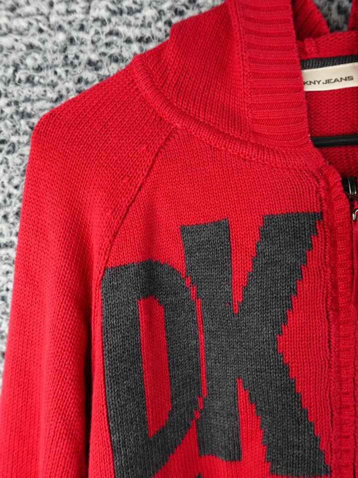 DKNY джинсы красный полный молнии толстовка с капюшоном свитер мужской XL графический логотип вязаный хлопок куртка - Изображение 2 из 4