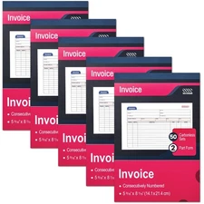 5 Pack Invoice Receipt Book, 2-Part Carbonless, 5-9/16" x 8-7/16" Invoice Boo...