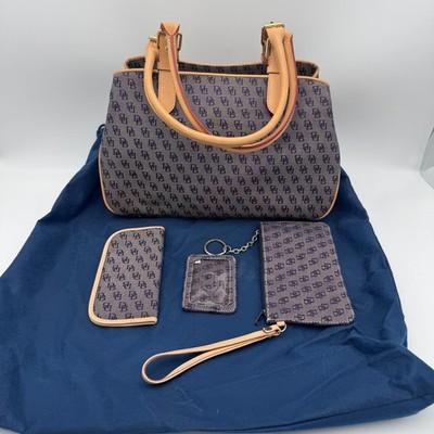 Dooney & Bourke Satchel Bag Women Medium Navy Monogram Leather Trim 4 Piece Set