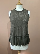 HIGH Tech Khaki Green Perforated Stretch Lace Peplum Top Size S UK 10