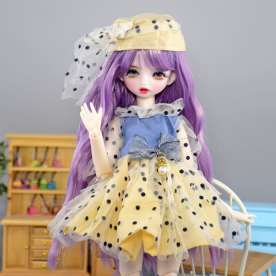1/6 BJD Doll Toy 12 inch Cute Girl Doll Two color Eyes Long Curly Wig Dress Set
