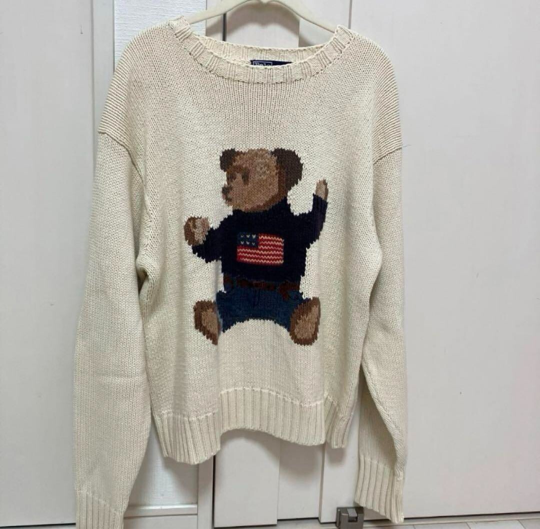 90s POLO BEAR HAND KNIT SWEATER 星条旗 Lサイズ Polo Ralph Lauren Polo Bear USA FLAG Hand Knit Sweater Navy
