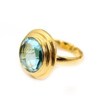 Gemstone Blue Topaz Quartz Round Shape Gold Plated Adjustable Rings