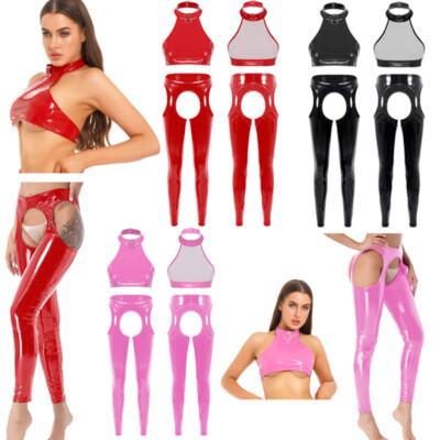 Womens Suit Patent Leather Outfits Tights Sets Crop Top Clubwear Glossy Party