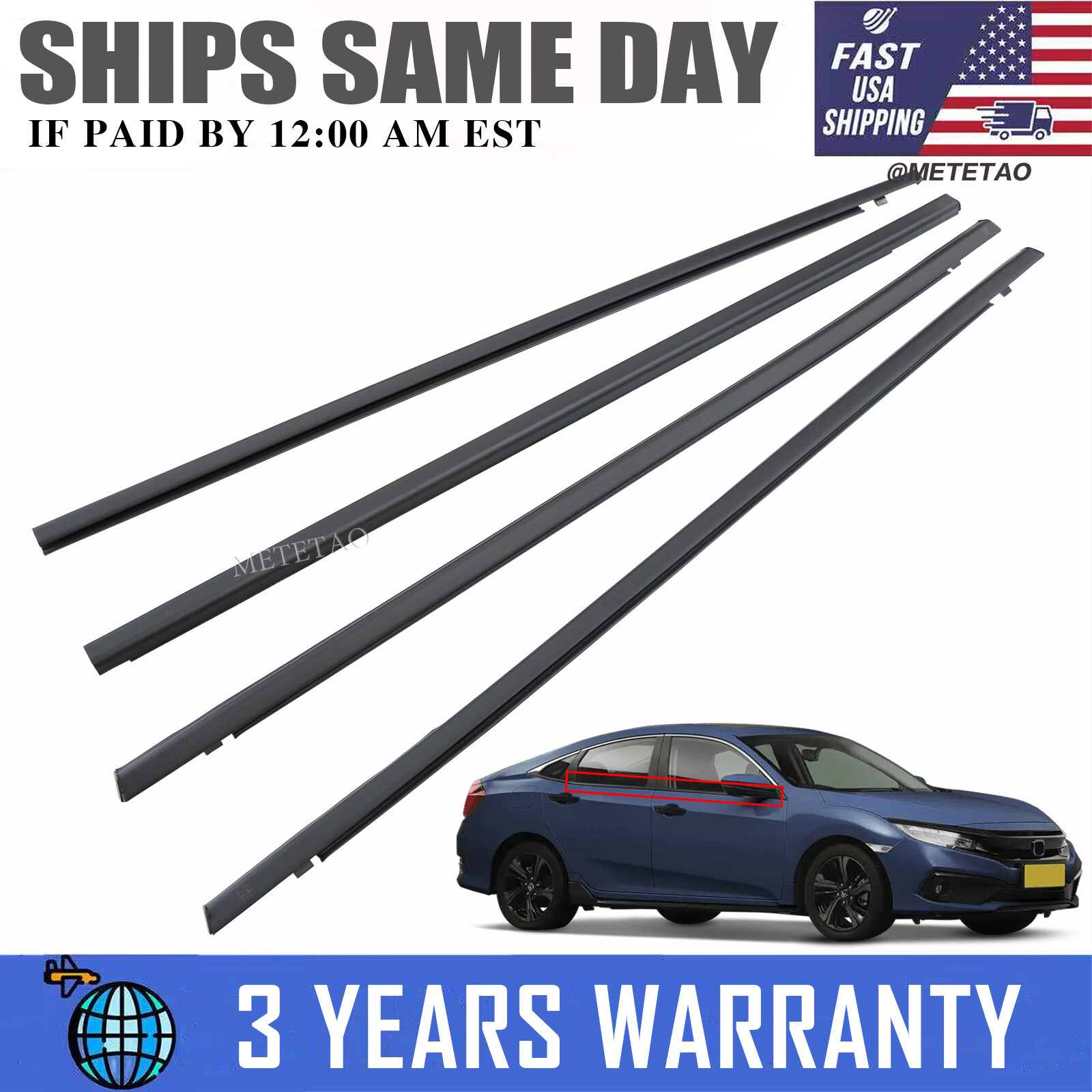 Fit Honda Civic Sedan 2016-2021 4pcs Weatherstrip Window Moulding Trim Seal Belt
