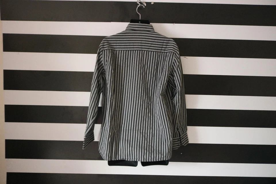 Camisa de hombre Perry Ellis a rayas con botones 100 % algodón gris/negro talla L Foto 2 de 4