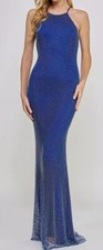 B. Darlin Juniors' Women's Blue Embellished Net Halter Gown Dress Size 3/4