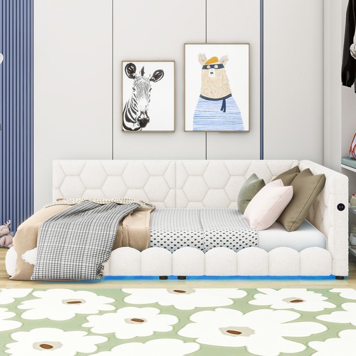 Upholstered Full Size platform bed with USB Ports and LED belt, White - Picture 3 of 12