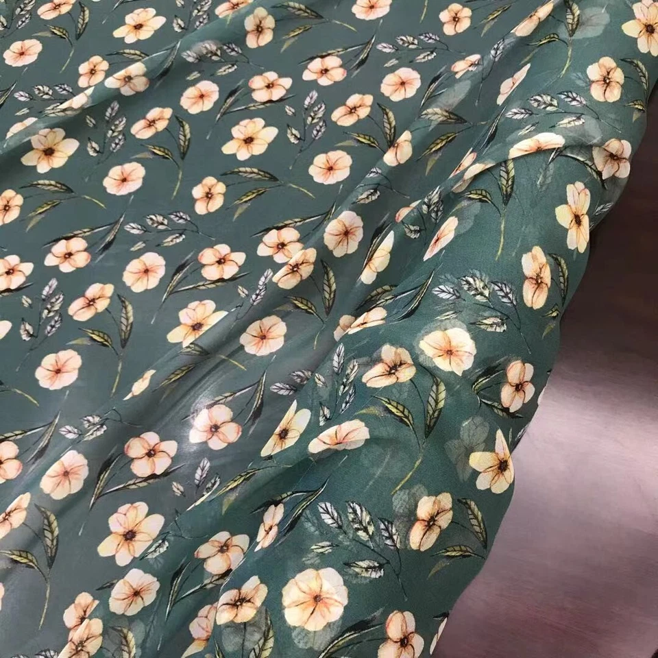 Tela delgada 100% seda 12 momme Georgette verde floral 55" ancho 1 metro XX052 Foto 3 de 3
