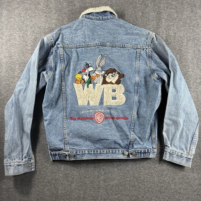 VINTAGE Looney Tunes Jacket Mens Small Denim Sherpa Trucker Warner Bros