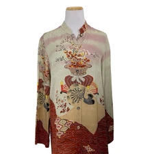 Citron 100% Silk Button Up Tunic Blouse Asian Inspired Women’s M Floral Mandarin