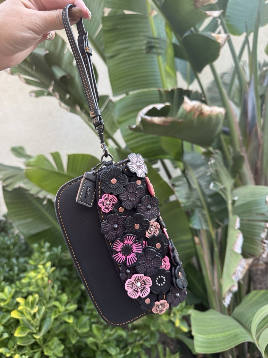 Coach Rogue 1941 Tea Rose Black Pink Wristlet Clutch Wallet Mini