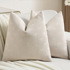 Beige Chenille Decorative Throw Pillow Covers 18x18 Inch Set of 2,Soft Cozy S...