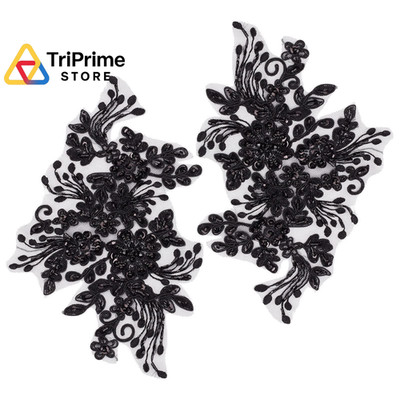 GORGECRAFT 2Pcs Pearl Flower Embroidery Lace Patches 3D Floral 25*16cm, Black