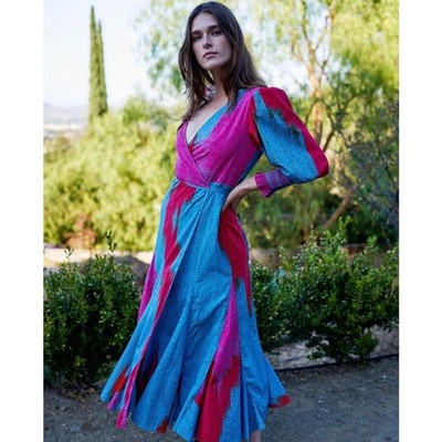 Rhode Fifi 100% Cotton Long Balloon Sleeve V-Neck Wrap Maxi Dress Ikat Medium