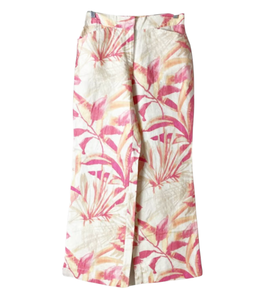 CHICO'S Wide Leg Linen Pants PEACH PINK WHITE Tropical Floral Pockets 0/S/4