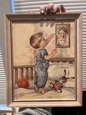 Vintage Picture Art Nursery Baby Boy Framed Print Mother Mary  Baby Jesus Sweet