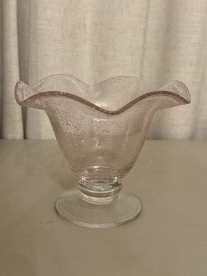 VINTAGE FTD Pink Bubble Glass Scalloped Ruffled Pedestal Vase Dish