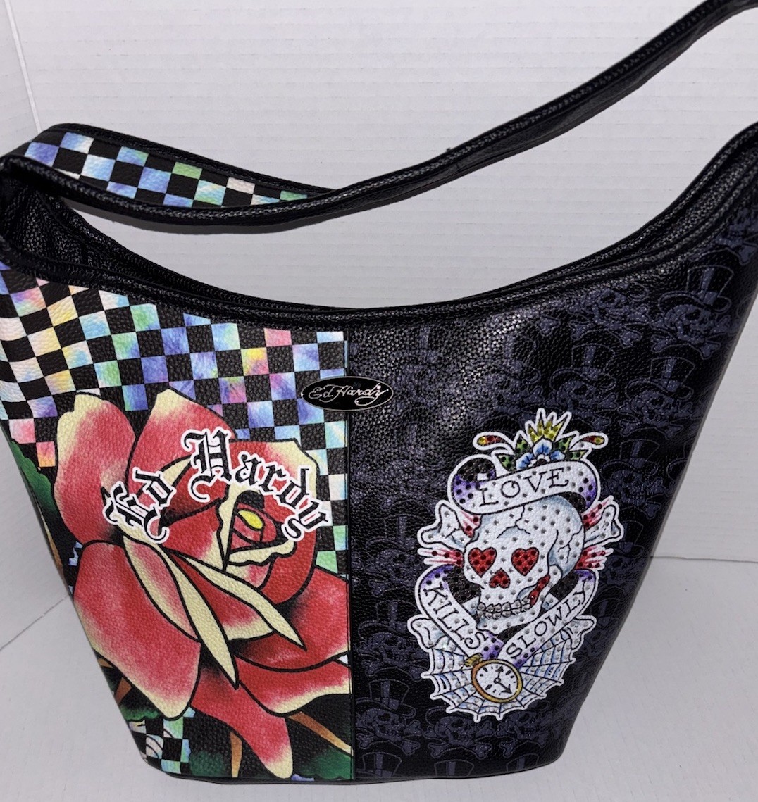 New ED HARDY LOVE KILLS SLOWLY ROSE SKULL RHINESTONES  display picture 1