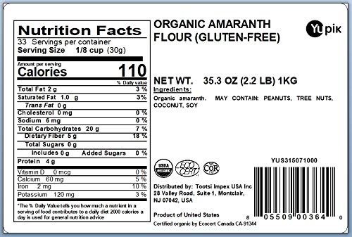 Yupik Organic Amaranth Flour 2.2 lb 35.2 oz Pack of 6 USDA Certified Gluten-F...