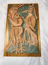 Vintage Mid Century Southwest Clay Relief Sculpture Abstract Bird Figures Art