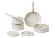 Ceramic Nonstick Stackable Cookware with Detachable Handles,11 Set, Ivory