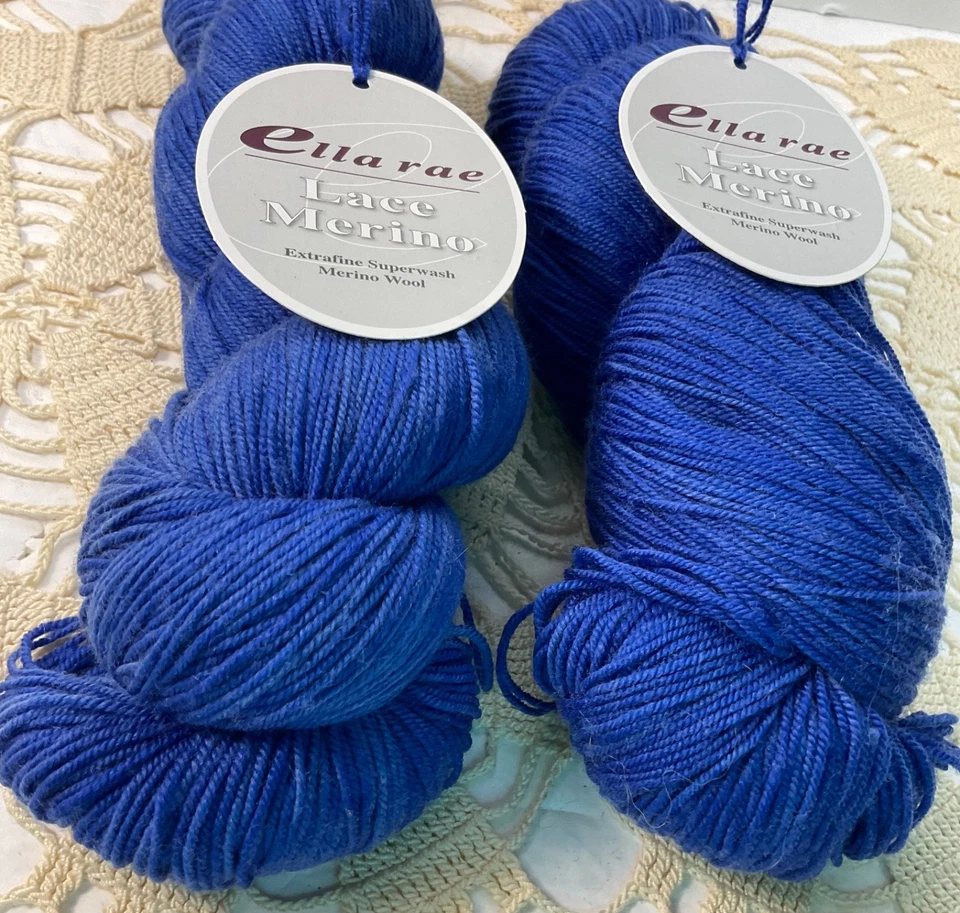 Lote de 2 hilos merinos de encaje Ella Rae extrafinos superlavados azul real nuevo vintage 4 capas Foto 3 de 4