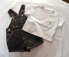 VINTAGE Baby Gap Overalls Shorts SET Black Denim Shortalls  BEAR Top Baby 3-6m
