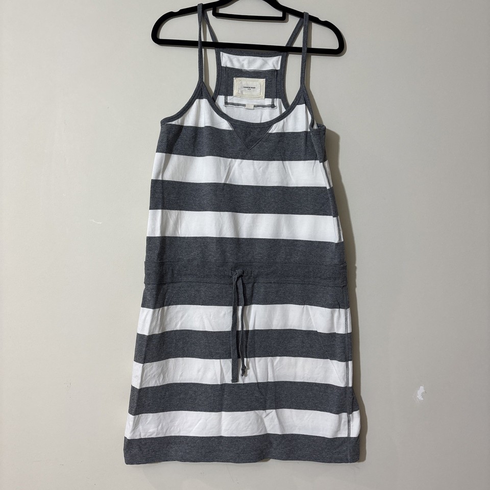 Country Road Stripe Sun Dress Sz Medium Mini Jersey Tie Waist Grey White
