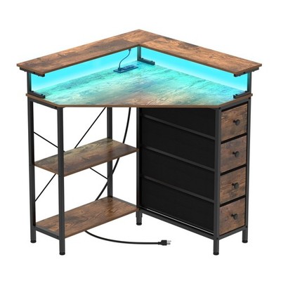 Compact Corner Desk with Drawers & LED Lights for Small Spaces (Brown)