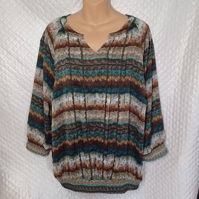 CJ Banks Women 1X Brown Turquoise Blouse Aztec BOHO Ethnic Southwestern Striped