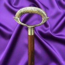 Victorian Embossed Brass Oval Handle Walking Cane Collapsible 3Section Wood Cane