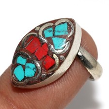 Nepali Tribal Red Coral Tibetan Turquoise Ring Size Us FreeSize" GW