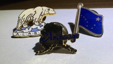 Vintage Souvenir Alaska Lapel Pins Union 65 Made Flag Polar Bear Anchorage