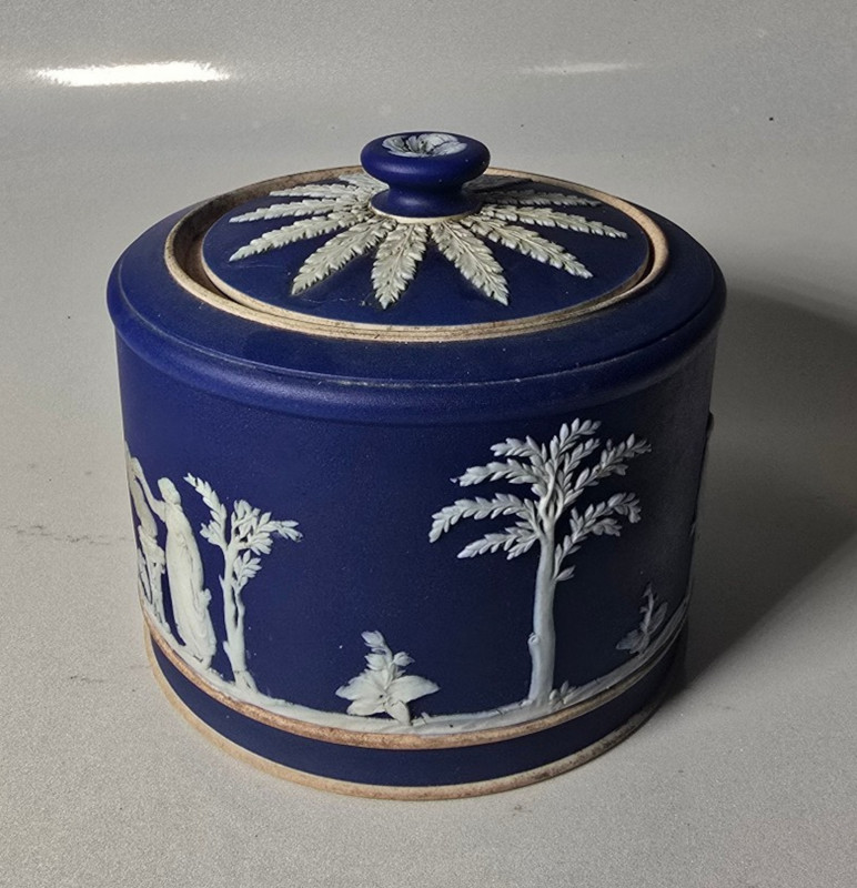 Antique Wedgwood Blue Jasperware Lidded Tobacco Jar 1891-1907 England