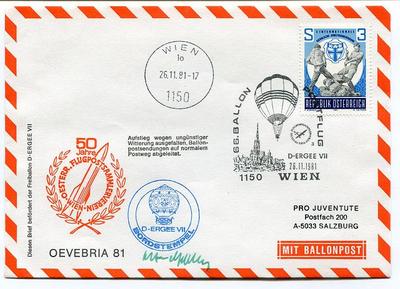 1981 Ballonpost No. 66 Pro Juventute Aerostato D-Ergee VII Wien OEVEBRIA 81 Sign