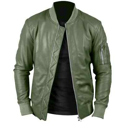 Men Bomber Jacket Handmade Lambskin Leather Stylish Soft New Olive Green Genuine