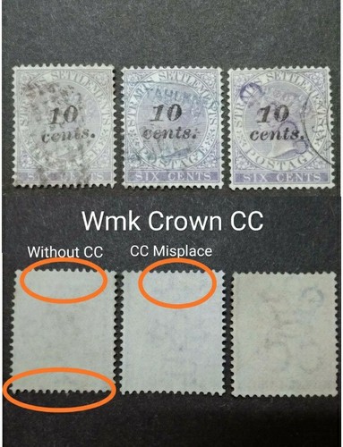 Straits Settlements 1880-81 Queen Ovpt 10c Wmk Without CC Misplace CC & Crown CC - Picture 1 of 5