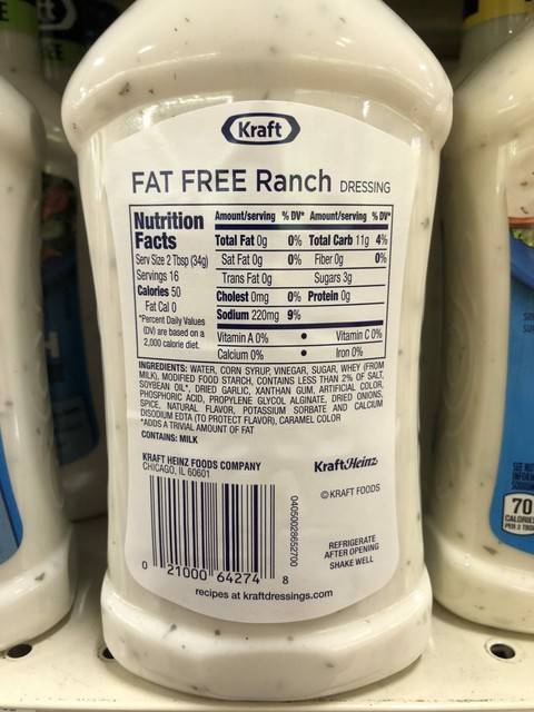 Kraft dressing - fat free ranch Water corn syrup, vinegar, high fructose corn syrup, whey (from Milk) (trivial source of fat a (021000642748)